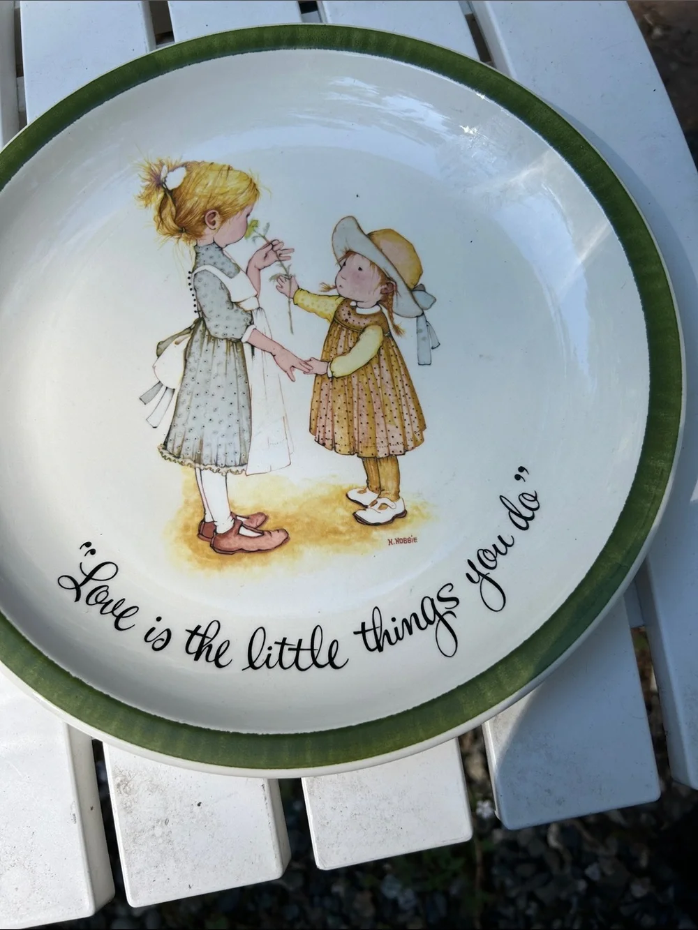 Vintage 1972 Holly Hobbie Ceramic with Green Rim - Inspirational Quote
